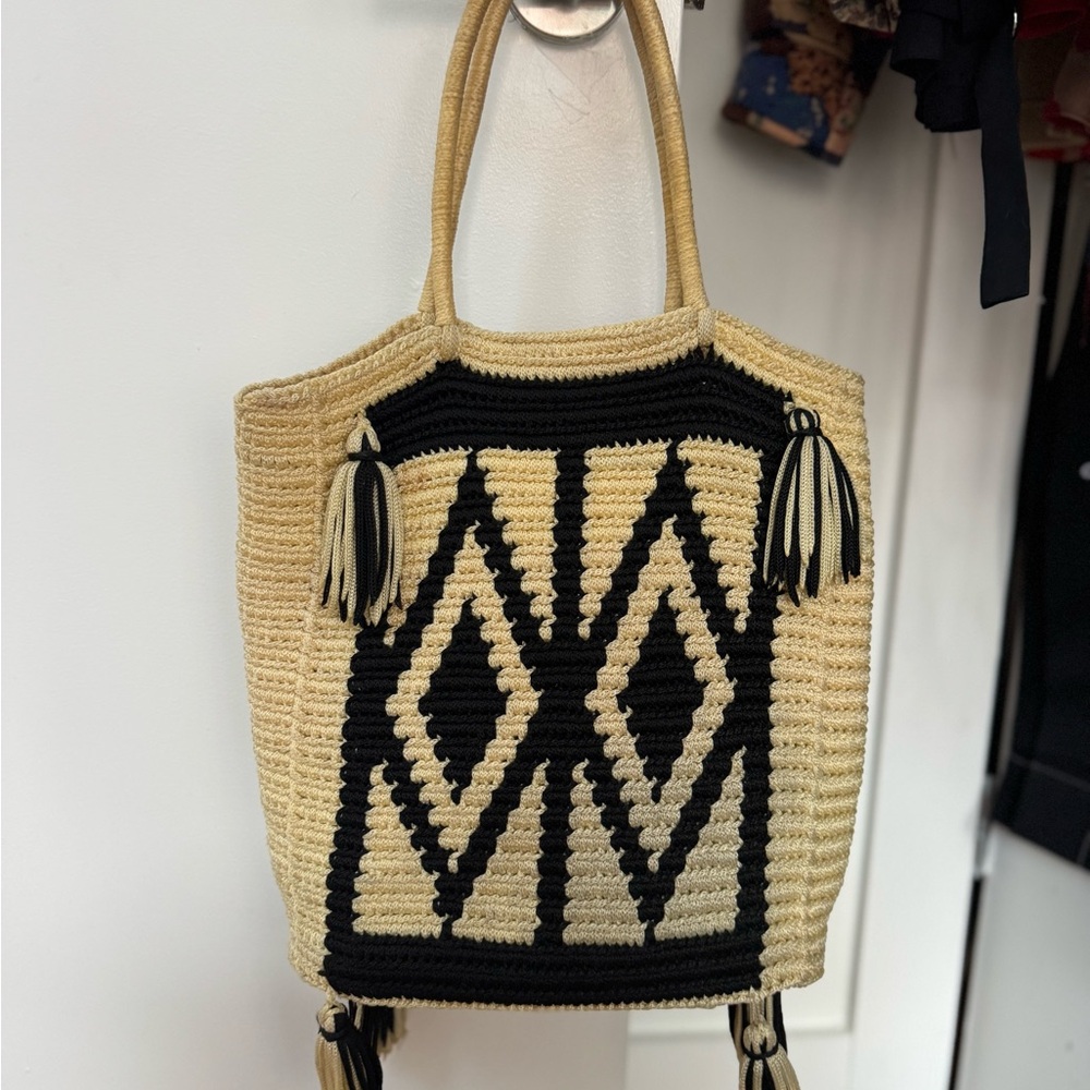 SENSI STUDIO Handcrafted Black and Tan Woven Tote Bag